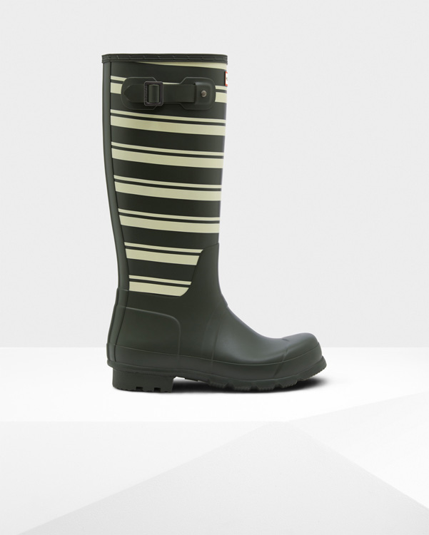  Hunter men's original garden stripe tall wellington boots : dark olive/off white