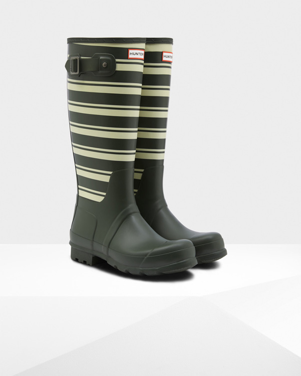  Hunter men's original garden stripe tall wellington boots : dark olive/off white