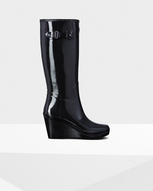  Hunter women's original wedge refined gloss tall wellington boots : black