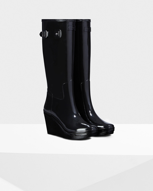  Hunter women's original wedge refined gloss tall wellington boots : black