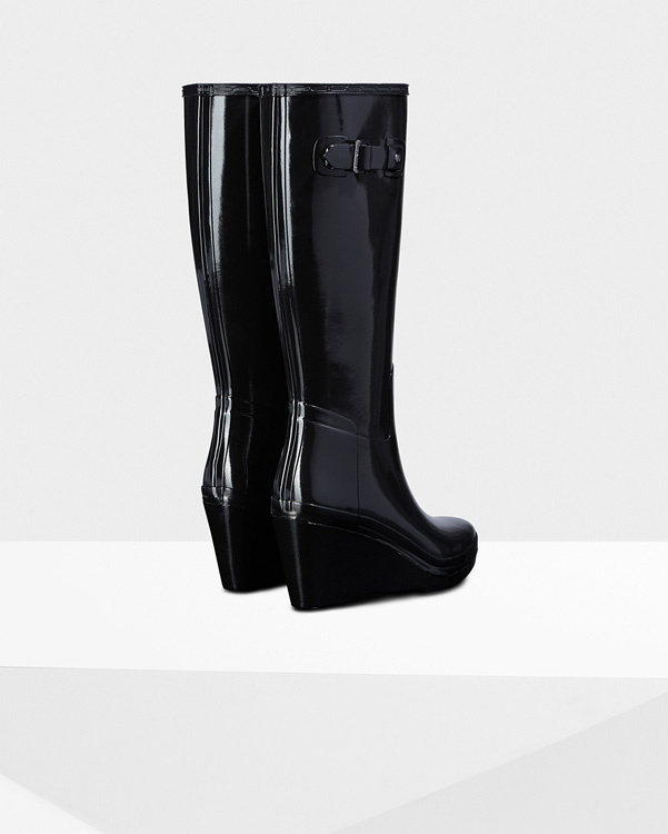  Hunter women's original wedge refined gloss tall wellington boots : black