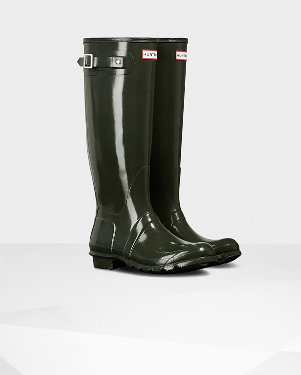  Hunter women's original tall gloss wellington boots : dark olive