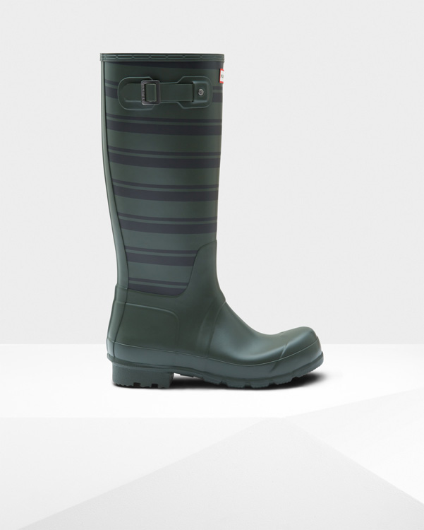  Hunter men's original garden stripe tall wellington boots : dark olive/black