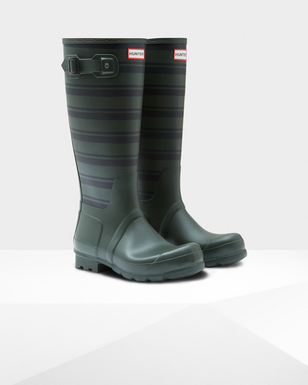  Hunter men's original garden stripe tall wellington boots : dark olive/black