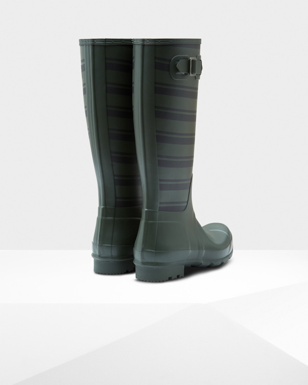  Hunter men's original garden stripe tall wellington boots : dark olive/black