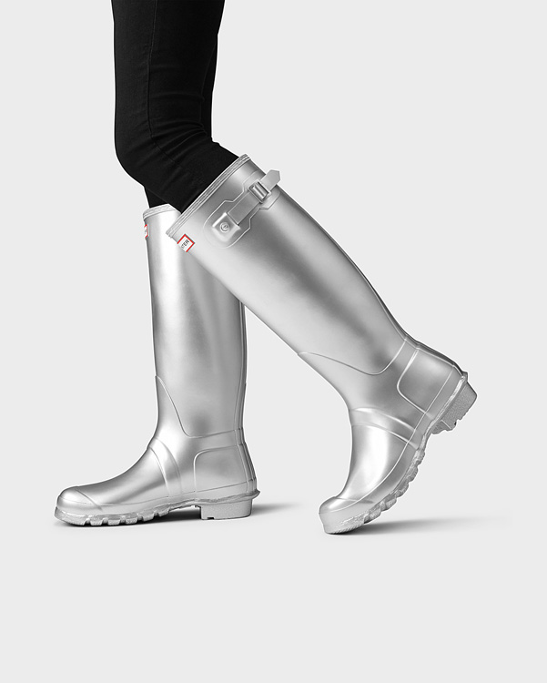  Hunter women's original tall wellington boots : silver