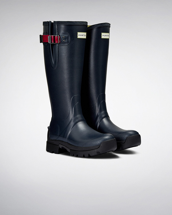  Hunter women's balmoral side adjustable 3mm neoprene wellington boots : navy / peppercorn