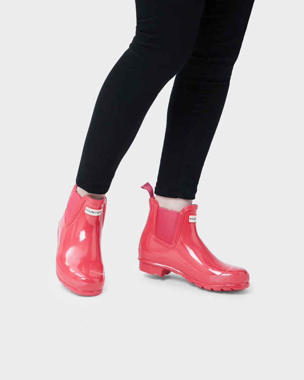  Hunter women's original gloss chelsea boots : bright pink