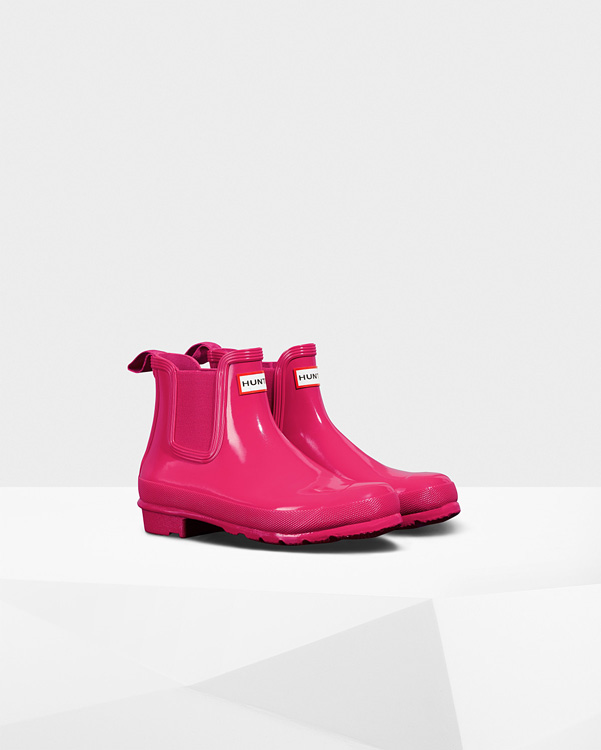  Hunter women's original gloss chelsea boots : bright pink