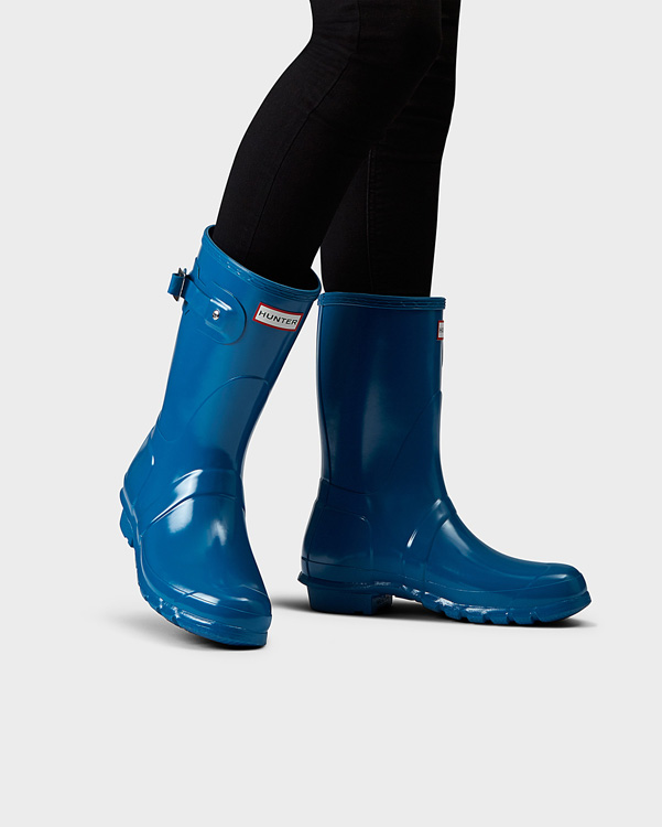  Hunter women's original short gloss wellington boots : ocean blue