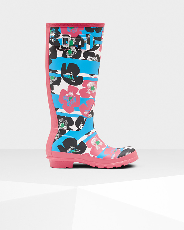  Hunter women's original floral stripe tall wellington boots : floral stripe/peony