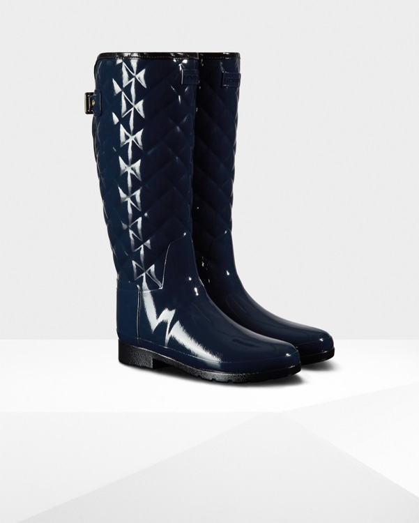  Hunter women's original refined tall quilted gloss wellington boots : navy