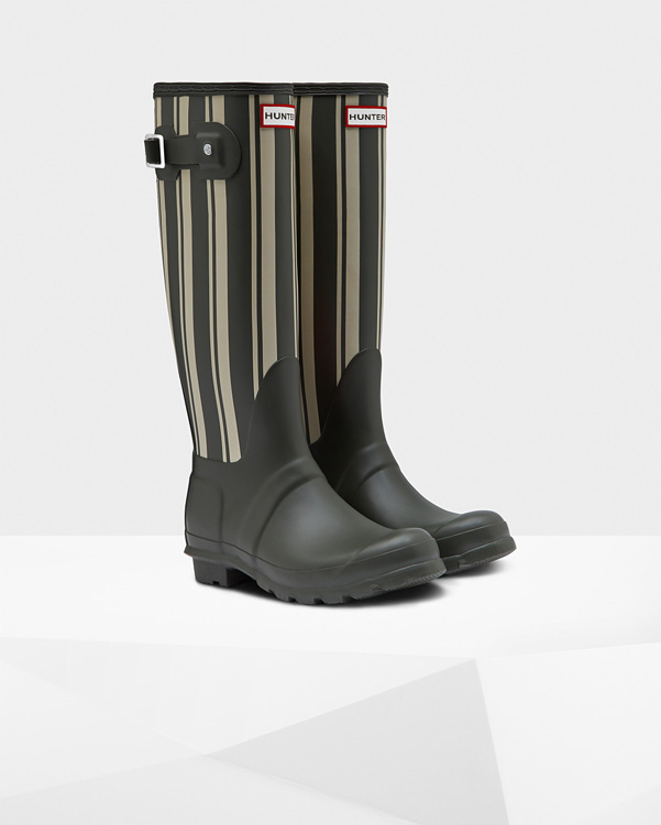  Hunter women's original garden stripe tall wellington boots : dark olive/off white