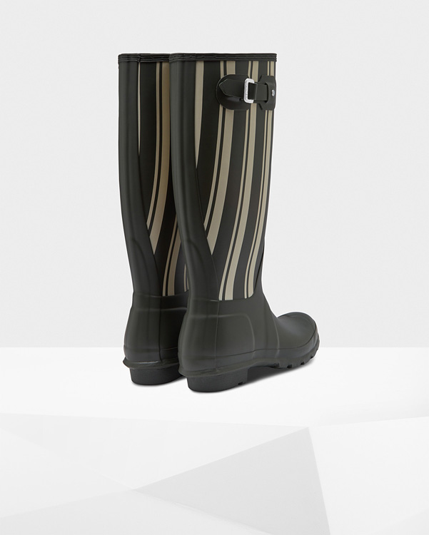  Hunter women's original garden stripe tall wellington boots : dark olive/off white