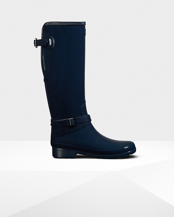  Hunter women's original refined adjustable tall gloss wellington boots : navy