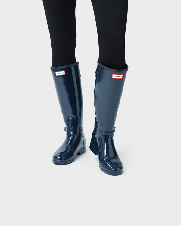  Hunter women's original refined adjustable tall gloss wellington boots : navy