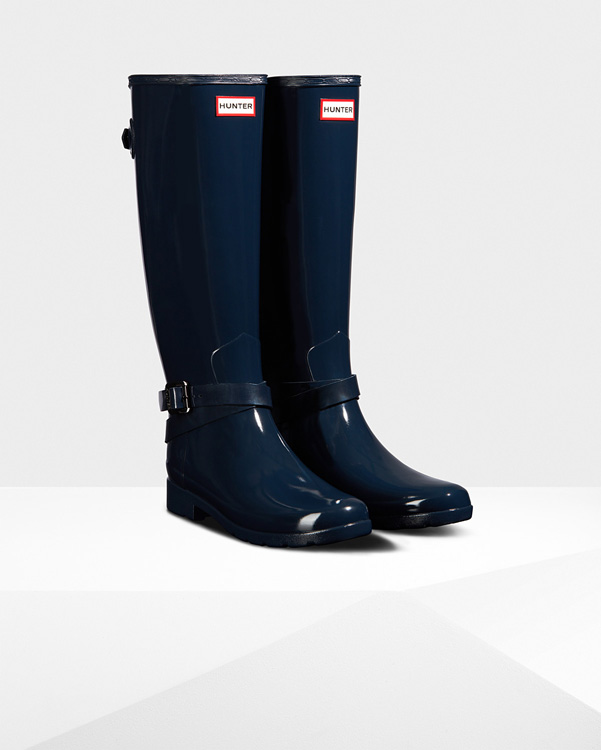  Hunter women's original refined adjustable tall gloss wellington boots : navy