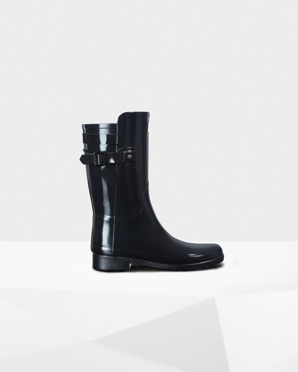  Hunter women's original short refined gloss back strap wellington boots : black