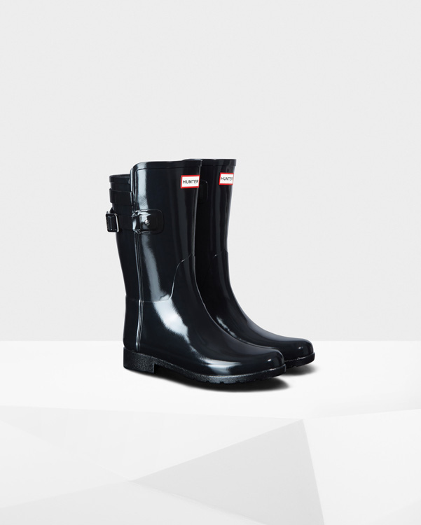  Hunter women's original short refined gloss back strap wellington boots : black