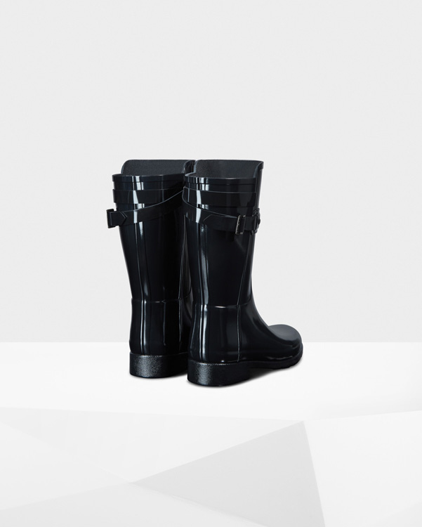  Hunter women's original short refined gloss back strap wellington boots : black